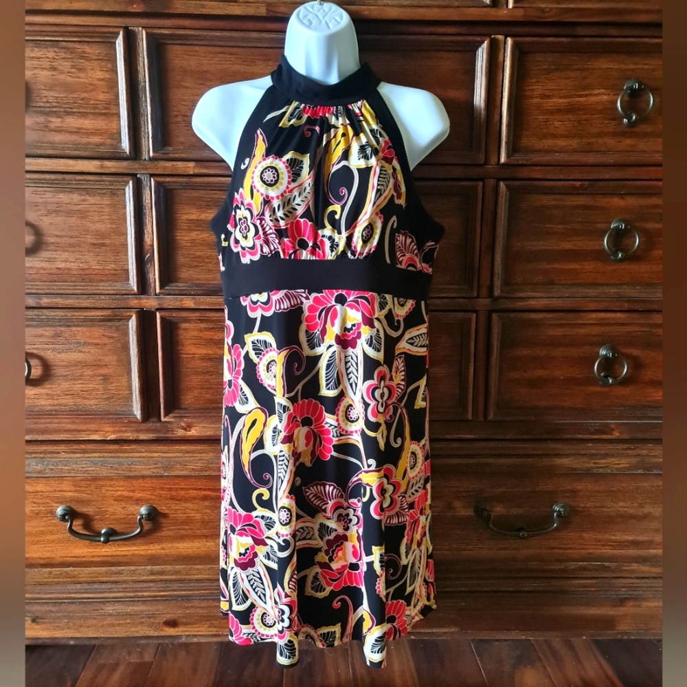 INC Halter Modern Floral Print Knee Length Stretch Size L